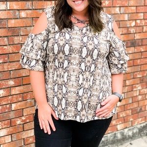 Plus Size Snake Print Cold Shoulder Top